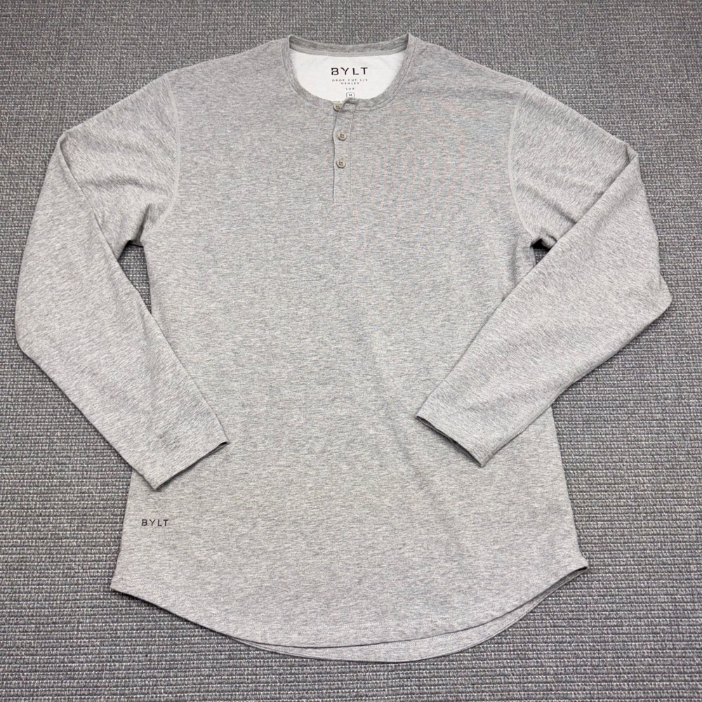 BYLT Dropโ Cut LS Henley Lux Grey Long Sleeve Shirt Mens Medium Curved Hem 9213